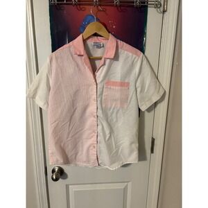 vintage bowling Short Sleeve Button Up Shirt Pink White Stripe  70s Medium